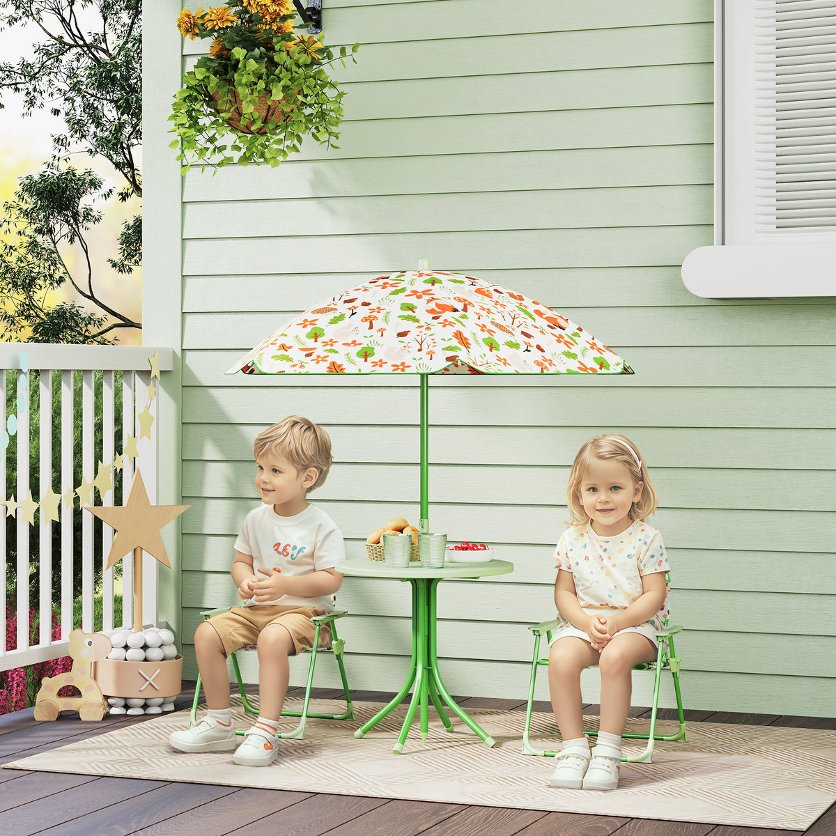 Ensemble salon de jardin extérieur enfant 4 pièces, motif éléphant et girafe, parasol réglable Ø 100 cm, chaise pliable