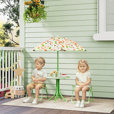Ensemble salon de jardin extérieur enfant 4 pièces, motif éléphant et girafe, parasol réglable Ø 100 cm, chaise pliable
