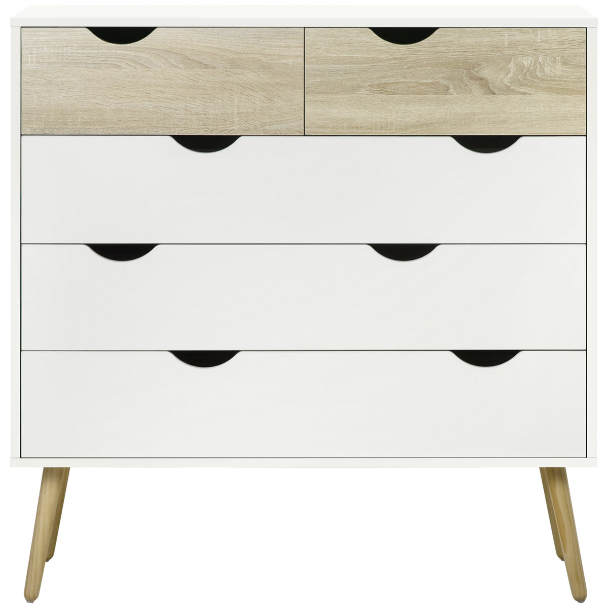 Commode 5 tiroirs Design scandinave Meuble de Rangement Chambre Panneau de Particules 99 x 39 x 101 cm Blanc Aspect chêne Clair