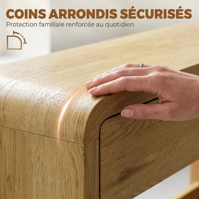 Table Console avec 2 Tiroirs, Console Meuble, 100 x 30 x 85 cm, Coins Arrondis et Plateau Épais, Bois Naturel