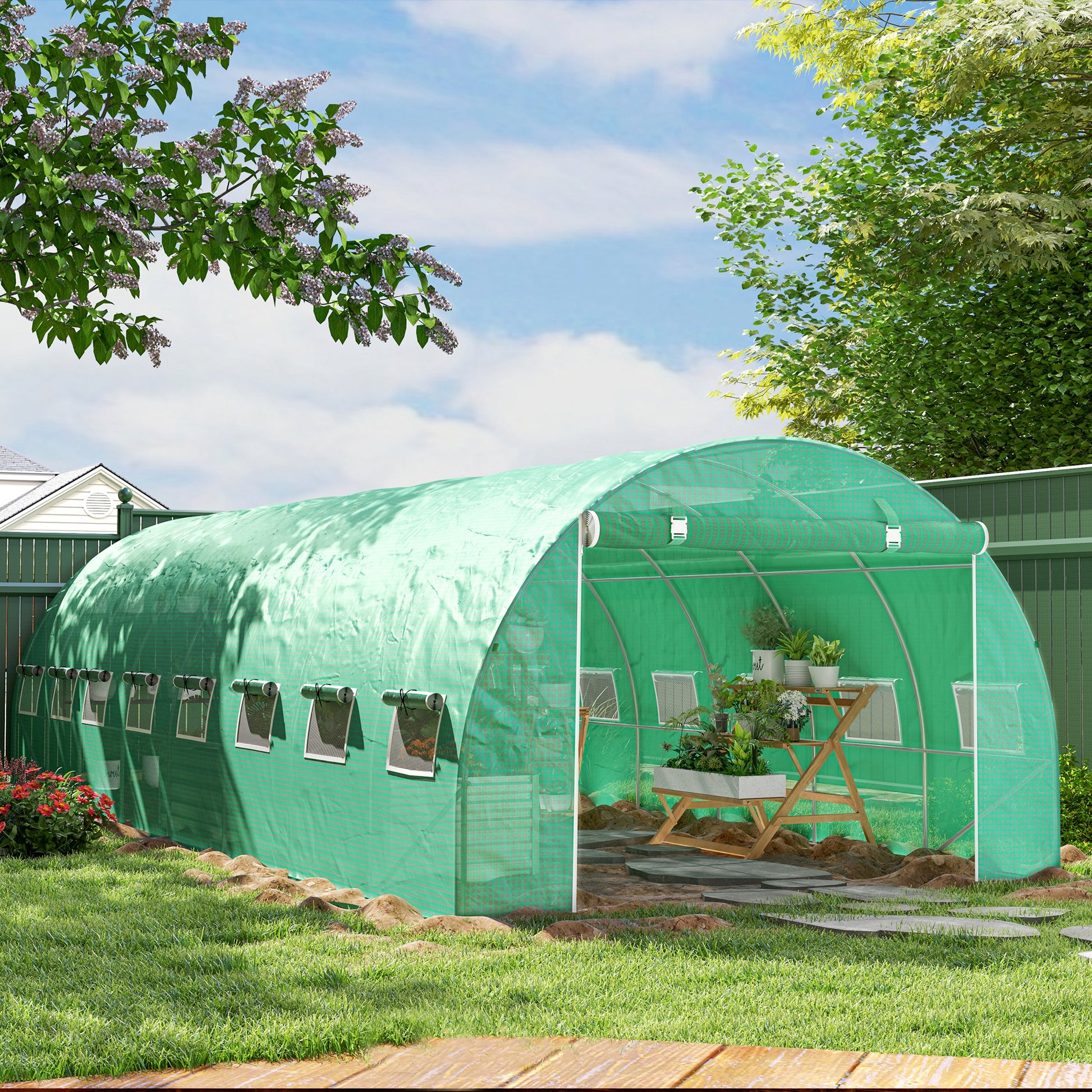 Serre de jardin tunnel 24m² 8L x 3l x 2H m - 16 fenêtres, Porte zippée enroulable acier galvanisé, bâche PE, Vert