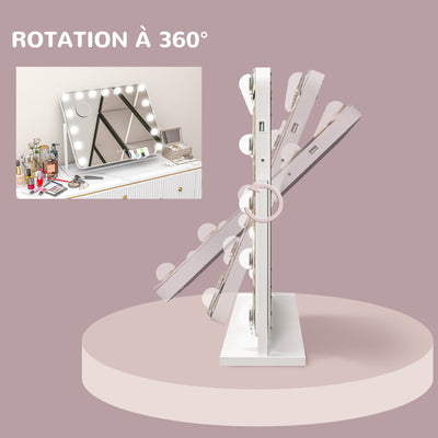 Miroir maquillage lumineux LED intensité réglable miroir grossissant port de charge USB, rotation à 360° 63 x 50 cm