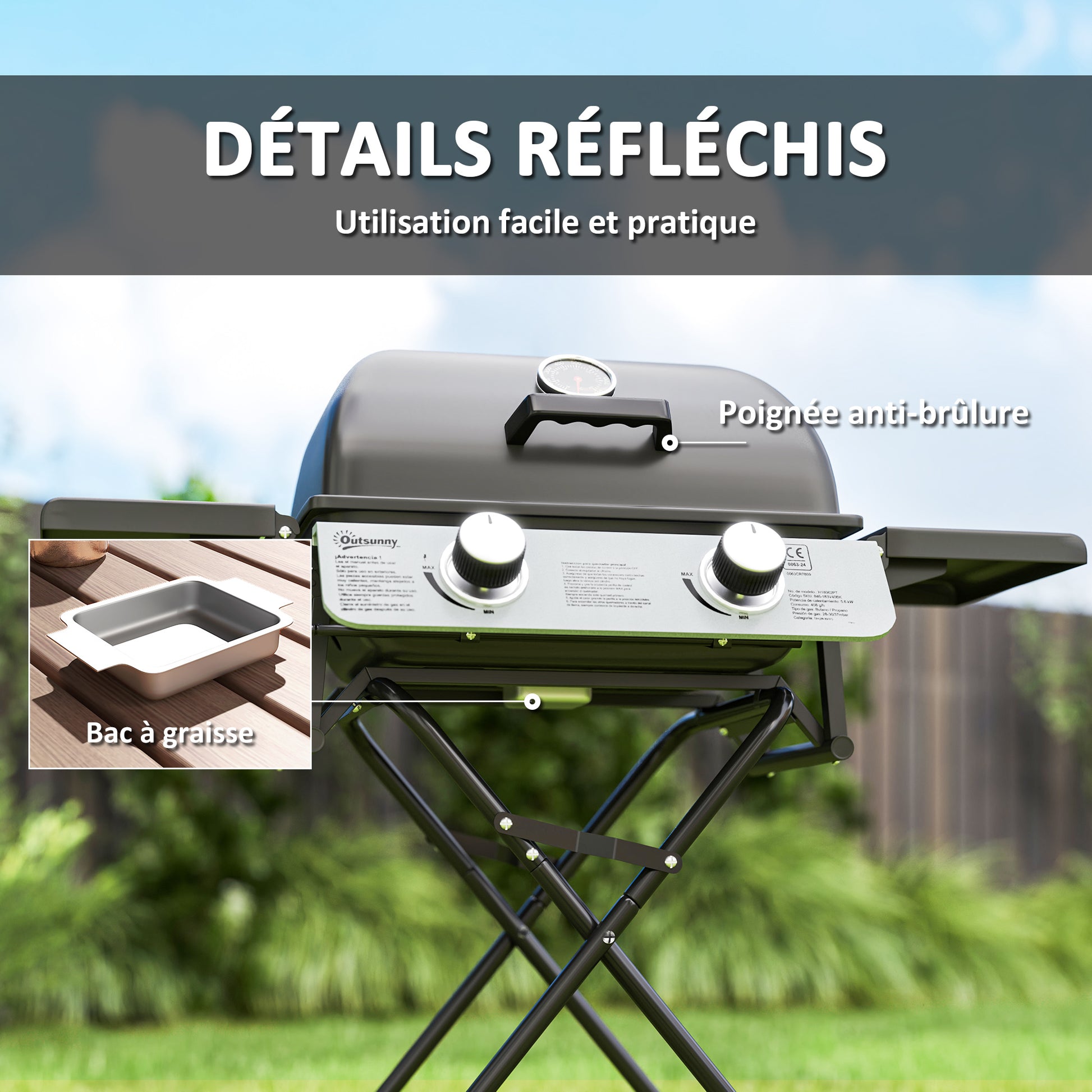 Barbecue gaz transportable, 2 brûleurs 5,6 kW, barbecue gaz de camping avec étagères latérales thermomètre et roues, noir