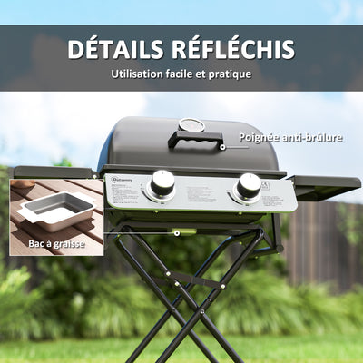 Barbecue gaz transportable, 2 brûleurs 5,6 kW, barbecue gaz de camping avec étagères latérales thermomètre et roues, noir