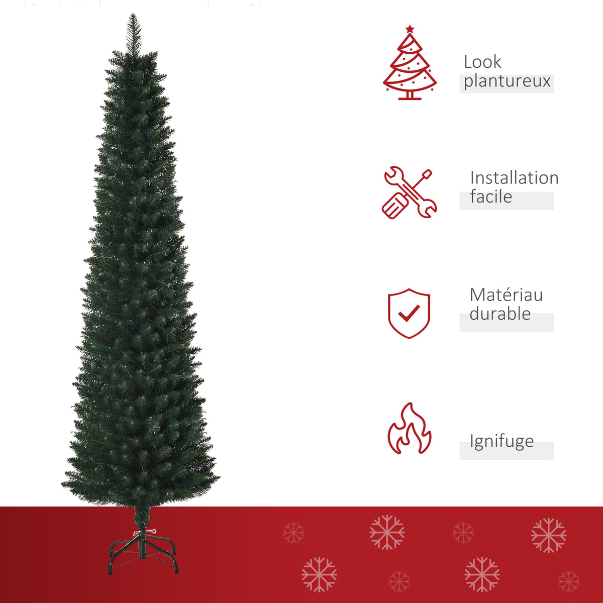 Sapin de Noël artificiel 180 cm, arbre de Noël slim avec 380 pointes de branche, support en métal pliable, vert