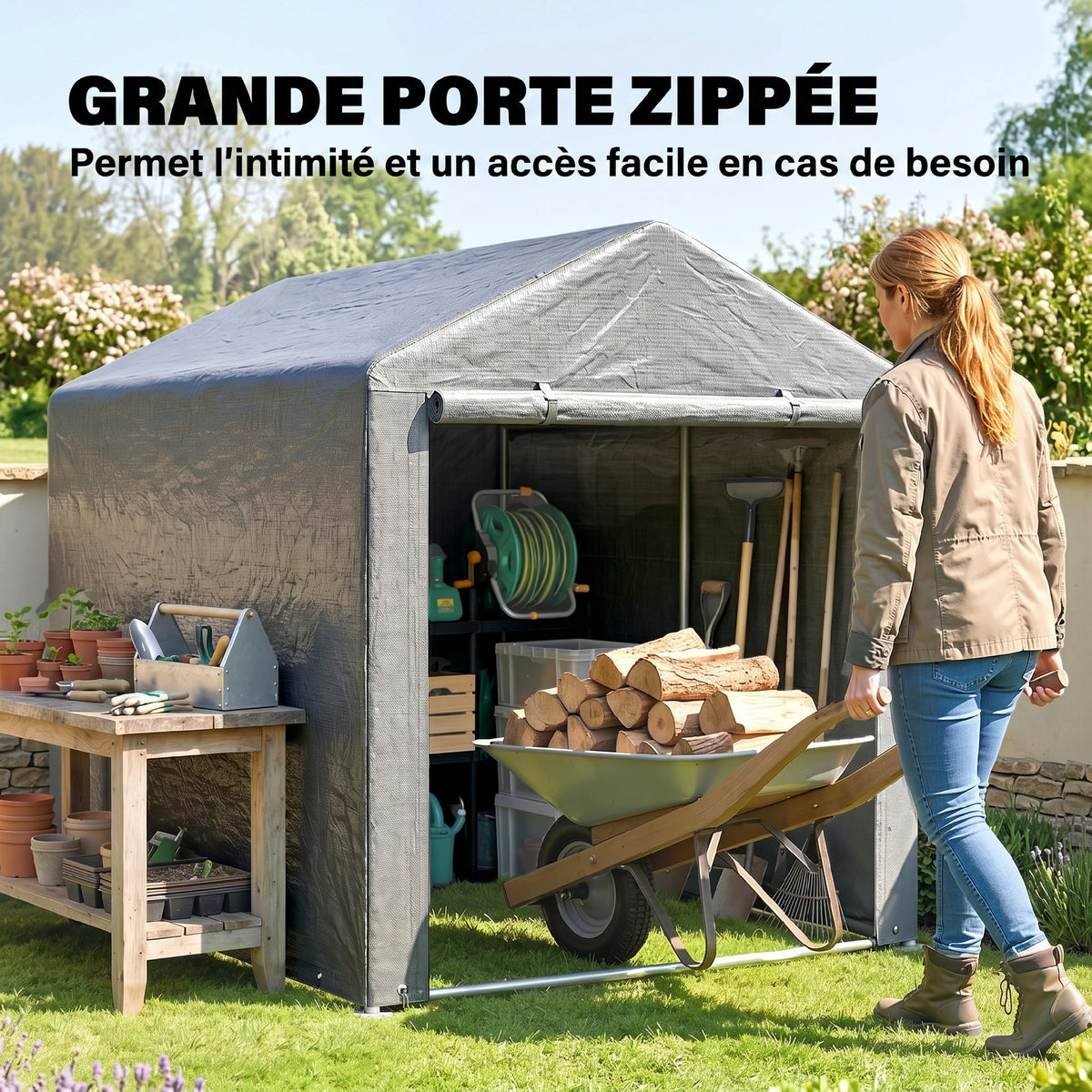 Abri de jardin tente de stockage imperméable abri moto porte enroulable fermeture éclair, 160 x 218 x 172 cm, gris clair