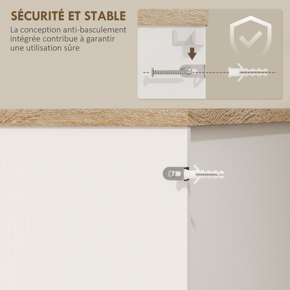 Buffet cuisine meuble cuisine rangement haut avec lumière LED RGB, plan de travail, 6 portes, 2 tiroirs, blanc