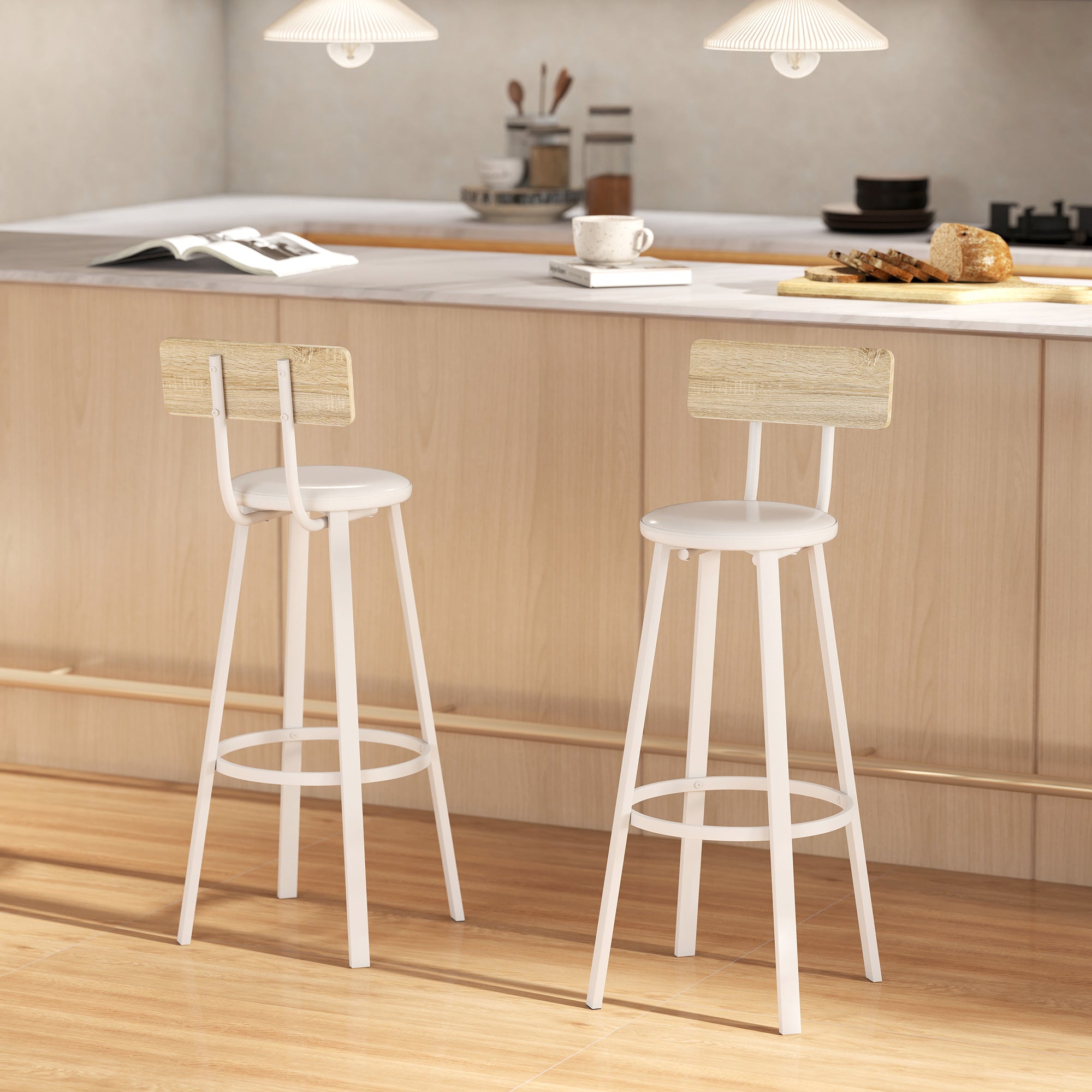 Lot de 2 tabourets de bar, chaises de bar, assise rembourrée 75,5H cm, dossier et repose-pieds, bois naturel et blanc