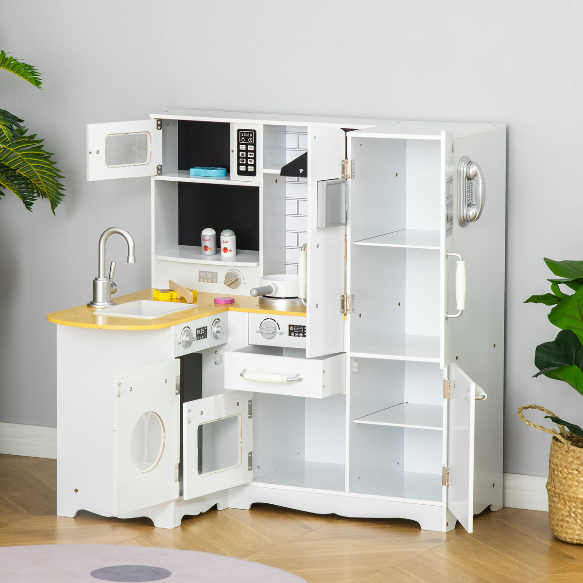 Cuisine pour Enfant 3-6 ans Jeu d'imitation Nombreux Accessoires rangements évier, robinet, four, micro-ondes, hotte, téléphone et réfrigérateur Blanc