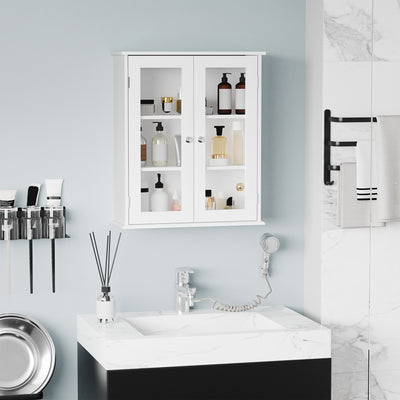 Armoire murale de salle de bain, meuble haut salle de bains avec 2 portes en verre, étagère réglable, 55x20x65cm, blanc