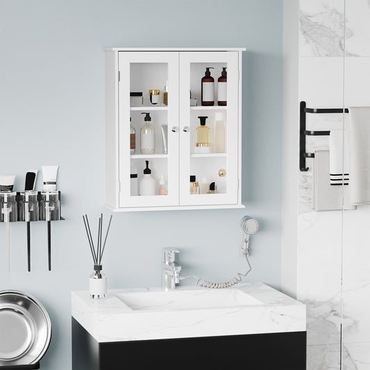 Armoire murale de salle de bain, meuble haut salle de bains avec 2 portes en verre, étagère réglable, 55x20x65cm, blanc