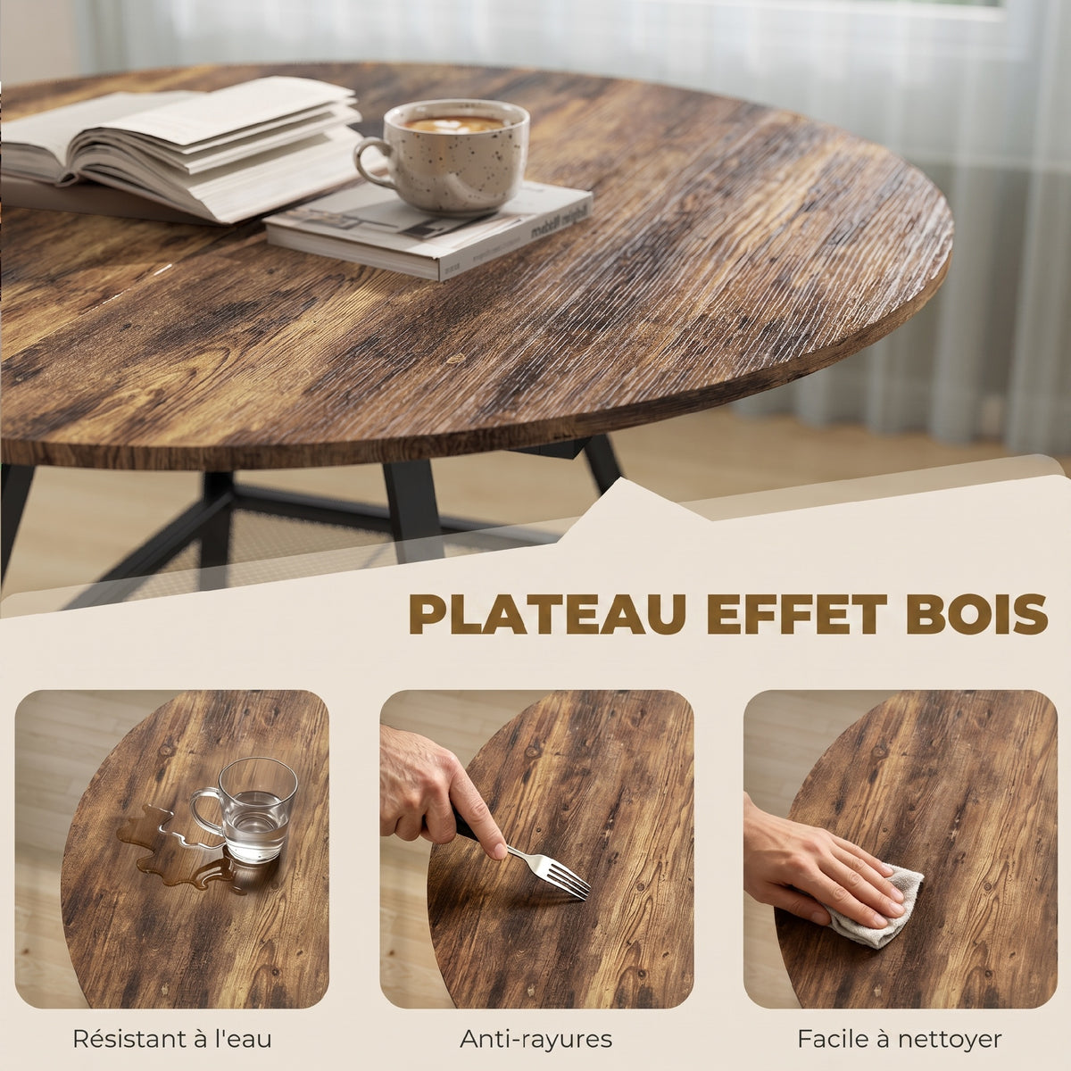 Table à manger ronde pour 4 personnes, Ø 100 x 76 cm, table de cuisine avec large plateau et étagère, brun rustique