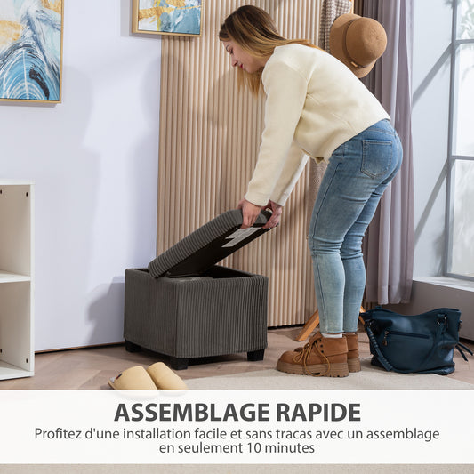 Coffre pouf rangement 30 L avec couvercle amovible, ottoman cube rembourré en velours côtelé, 40 x 40 x 40 cm, gris