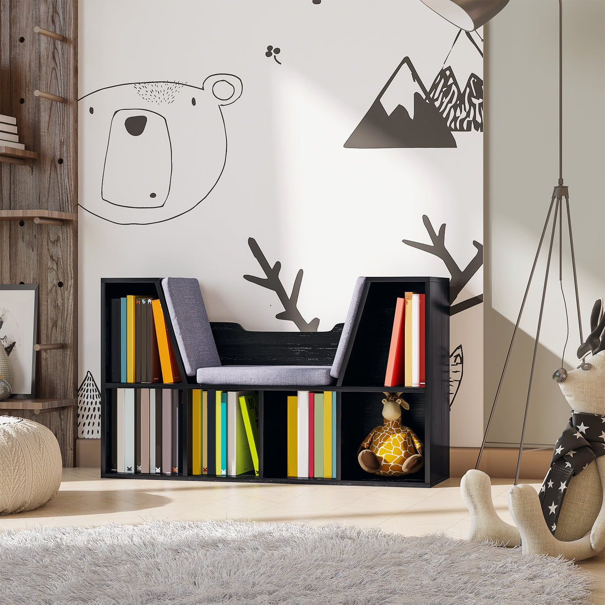Bibliothèque banc 2 en 1 avec coussins de siège, étagère cube 6 compartiments ouverts et 2 niveaux, meuble de rangement pour salon, chambre à coucher, bureau, 102 x 30 x 61 cm, noir