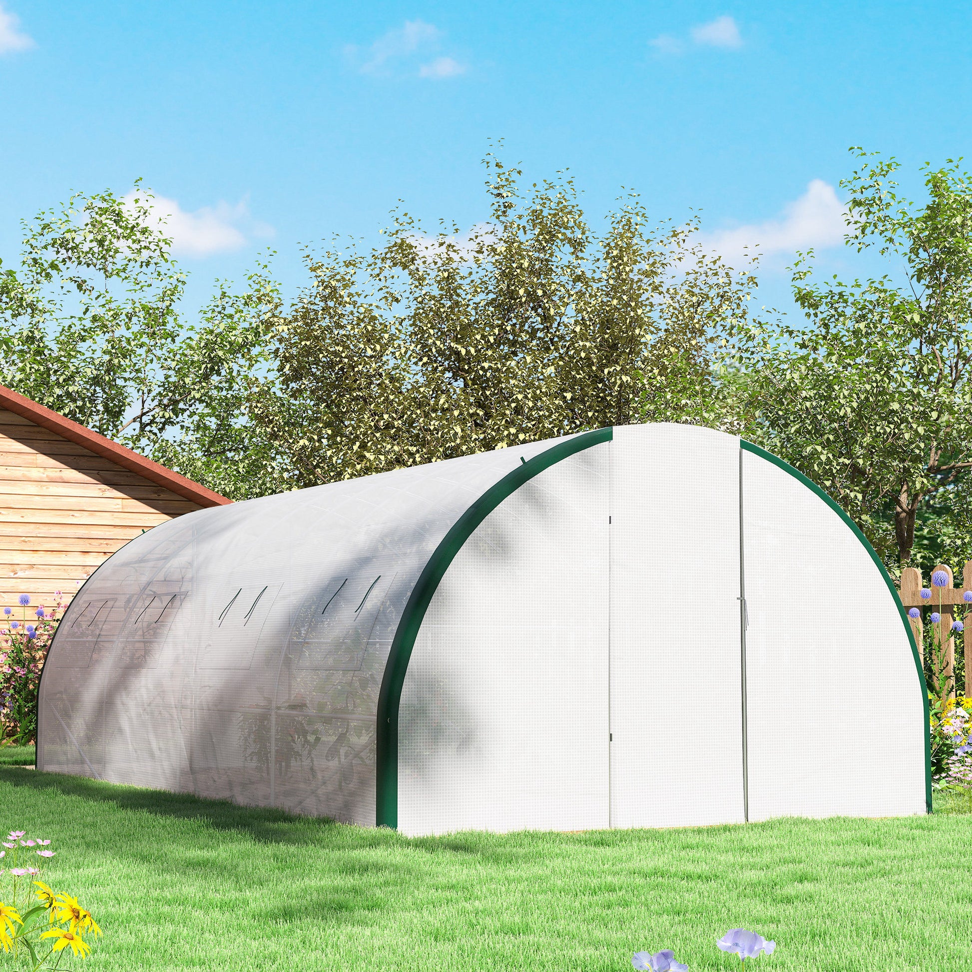 Serre tunnel de jardin 18m², serre de jardin tunnel avec portes et 8 fenêtres, bâche PE 140g/m² 600 x 300 x 200 cm blanc
