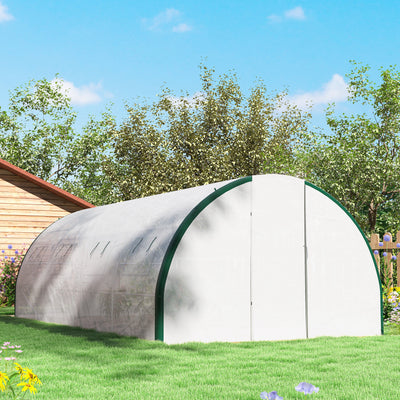 Serre tunnel de jardin 18m², serre de jardin tunnel avec portes et 8 fenêtres, bâche PE 140g/m² 600 x 300 x 200 cm blanc