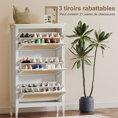 Meuble à chaussures 21 paires bohème avec 3 tiroirs rabattables, portes effet cannage rotin, 80 x 24 x 131 cm, blanc
