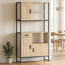 Buffet Haut Cuisine, Armoire de Cuisine, 3 Portes à Fermeture Douce, Tiroir, Plan de Travail, Niches Ouvertes, Naturel