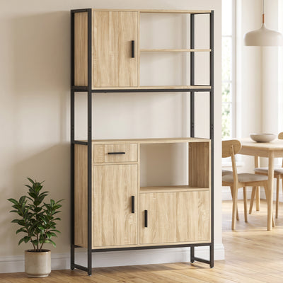 Buffet Haut Cuisine, Armoire de Cuisine, 3 Portes à Fermeture Douce, Tiroir, Plan de Travail, Niches Ouvertes, Naturel