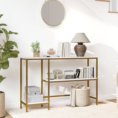 Console meuble 120 cm, table console 3 niveaux avec étagères de rangement, plateaux imitation marbre, blanc et doré