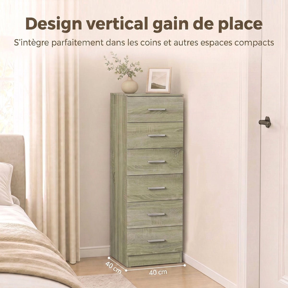 Commode 6 Tiroirs, Meuble de Rangement, Style Moderne, pour Chambre à Coucher, Entrée, Couloir, 40x40x110cm, Chêne