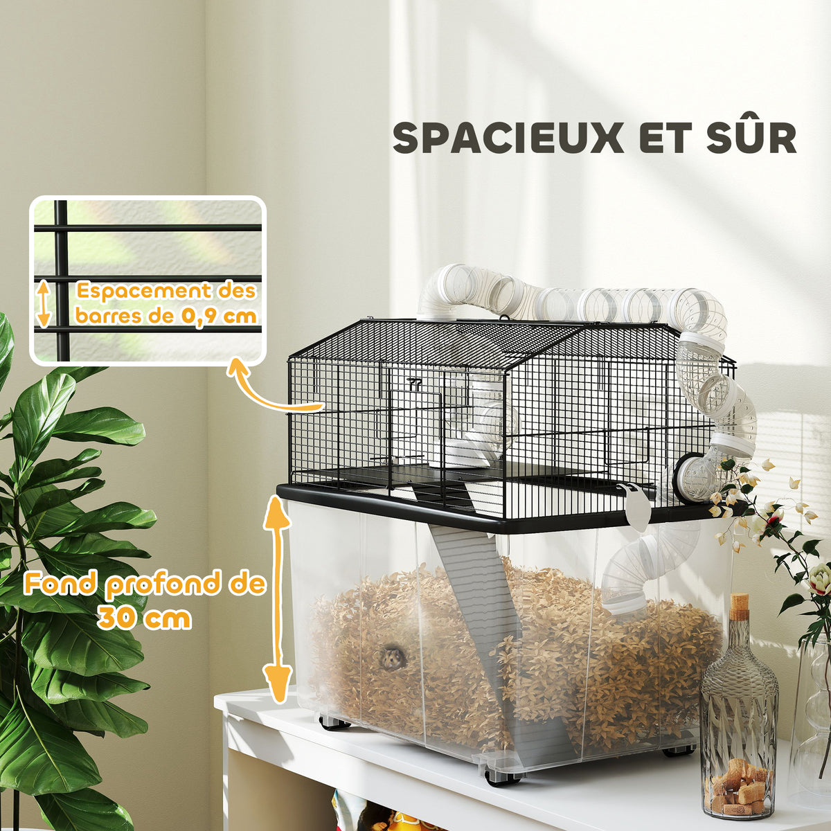 Cage pour hamster portable cage pour hamster avec rampe, gamelle, bouteille d'eau système de tuyaux 58 x 43 x 57 cm noir