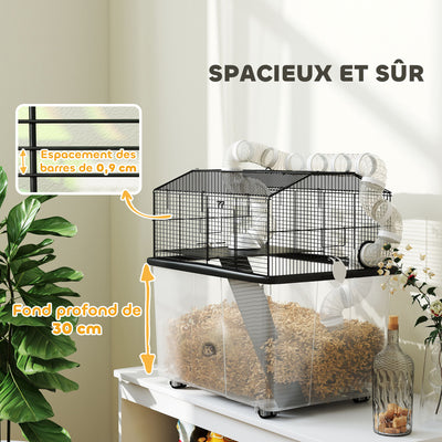 Cage pour hamster portable cage pour hamster avec rampe, gamelle, bouteille d'eau système de tuyaux 58 x 43 x 57 cm noir