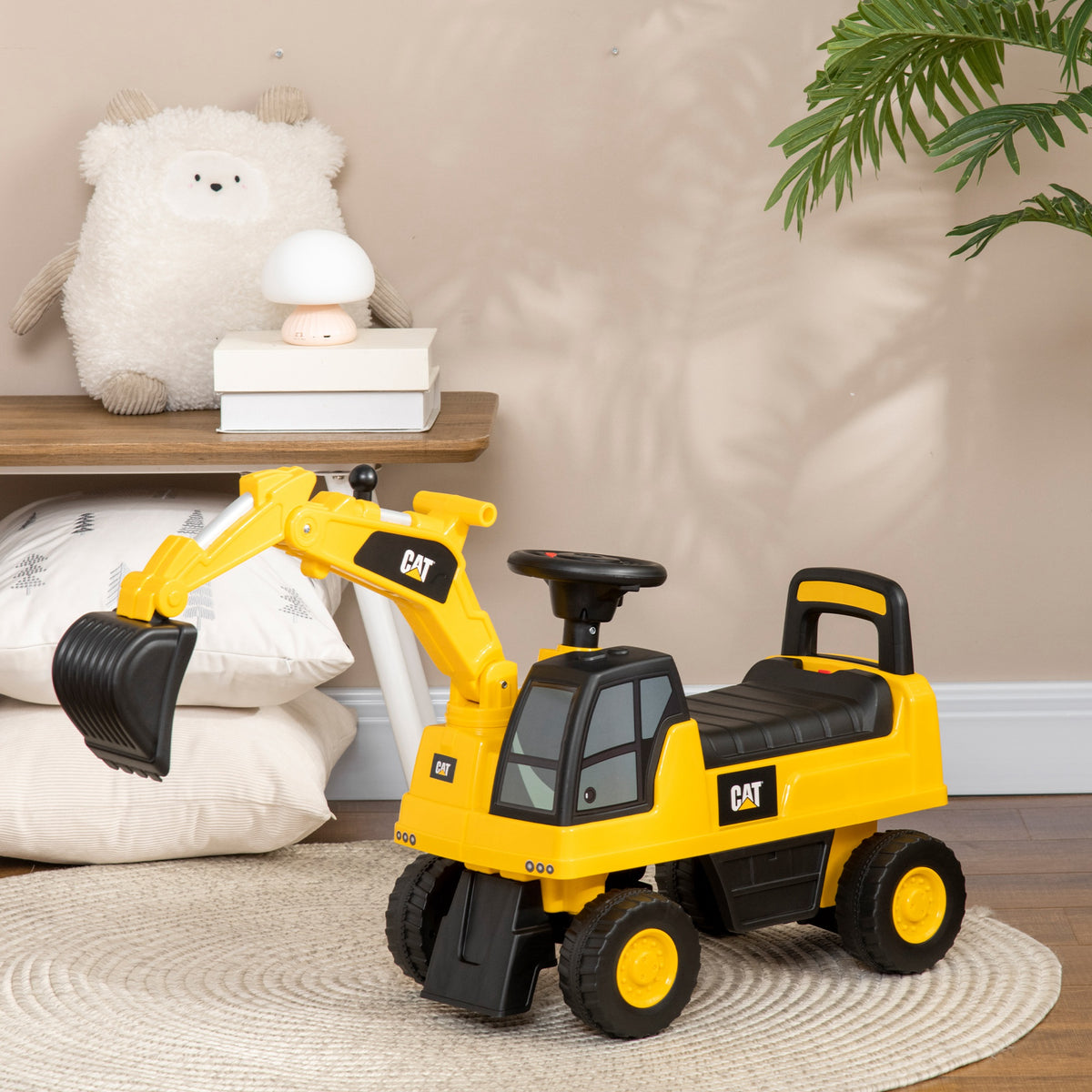Tractopelle enfant sous licence CAT, porteur enfant, pelle manuelle, klaxon et rangement caché, 85x27,5x47,5cm, jaune