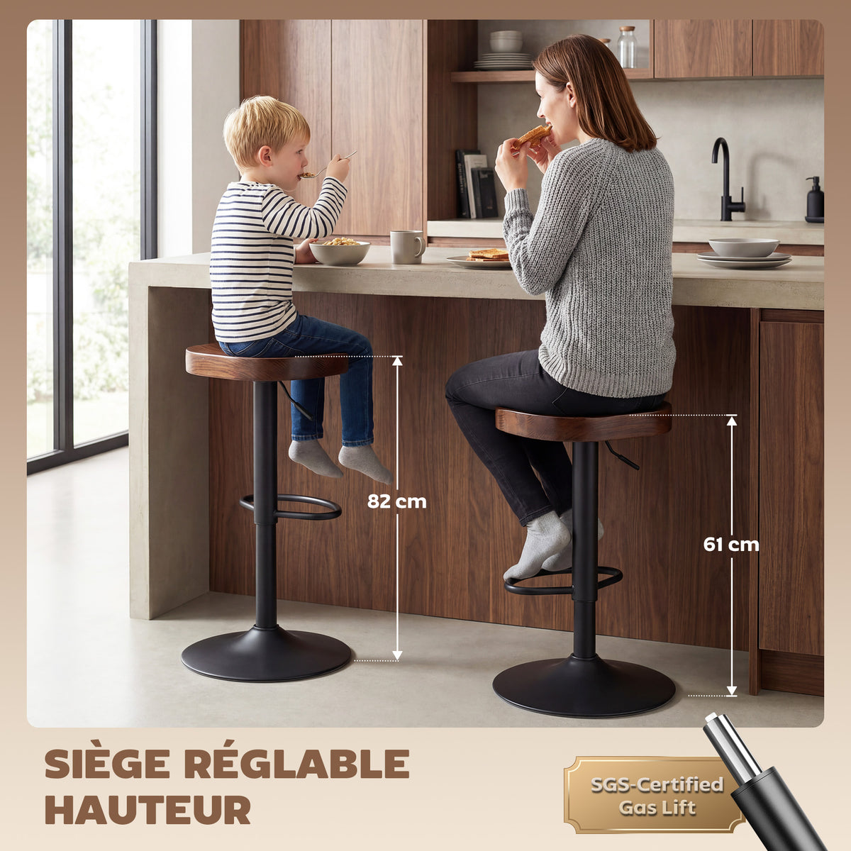Tabourets de Bar Lot de 2 Réglables Pivotants Chaises de Cuisine avec Siège en Bois d'Orme Marron Foncé