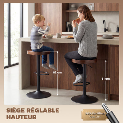Tabourets de Bar Lot de 2 Réglables Pivotants Chaises de Cuisine avec Siège en Bois d'Orme Marron Foncé
