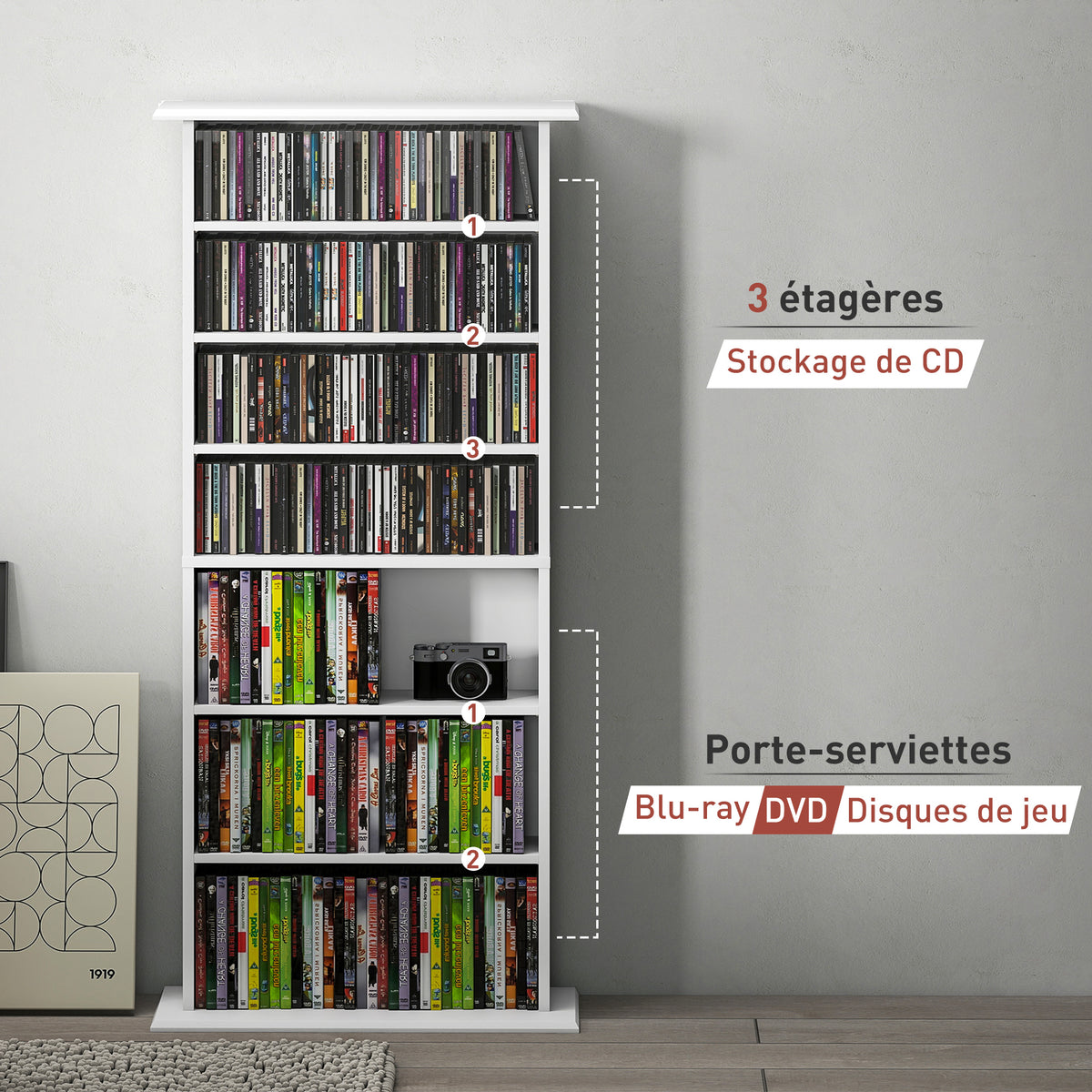 Rangements pour CD et DVD avec 8 compartiments et 6 étagères réglables, capacité max. 360 CD/185 DVD et Blu-ray, blanc Aosom