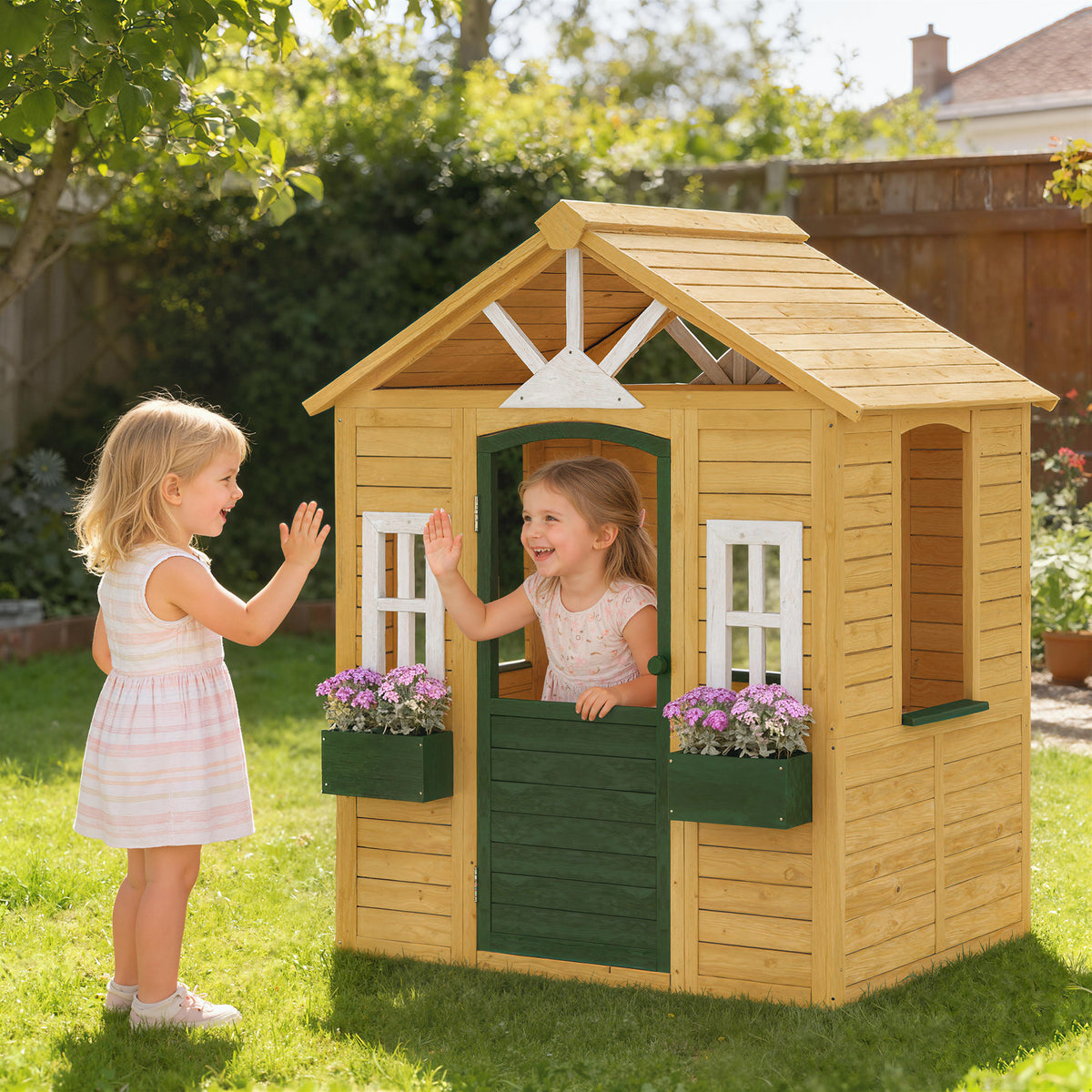 Cabane enfant extérieur en bois, maison enfant extérieure avec porte, fenêtres, 2 bacs à fleurs, 134,5x97x150cm, marron