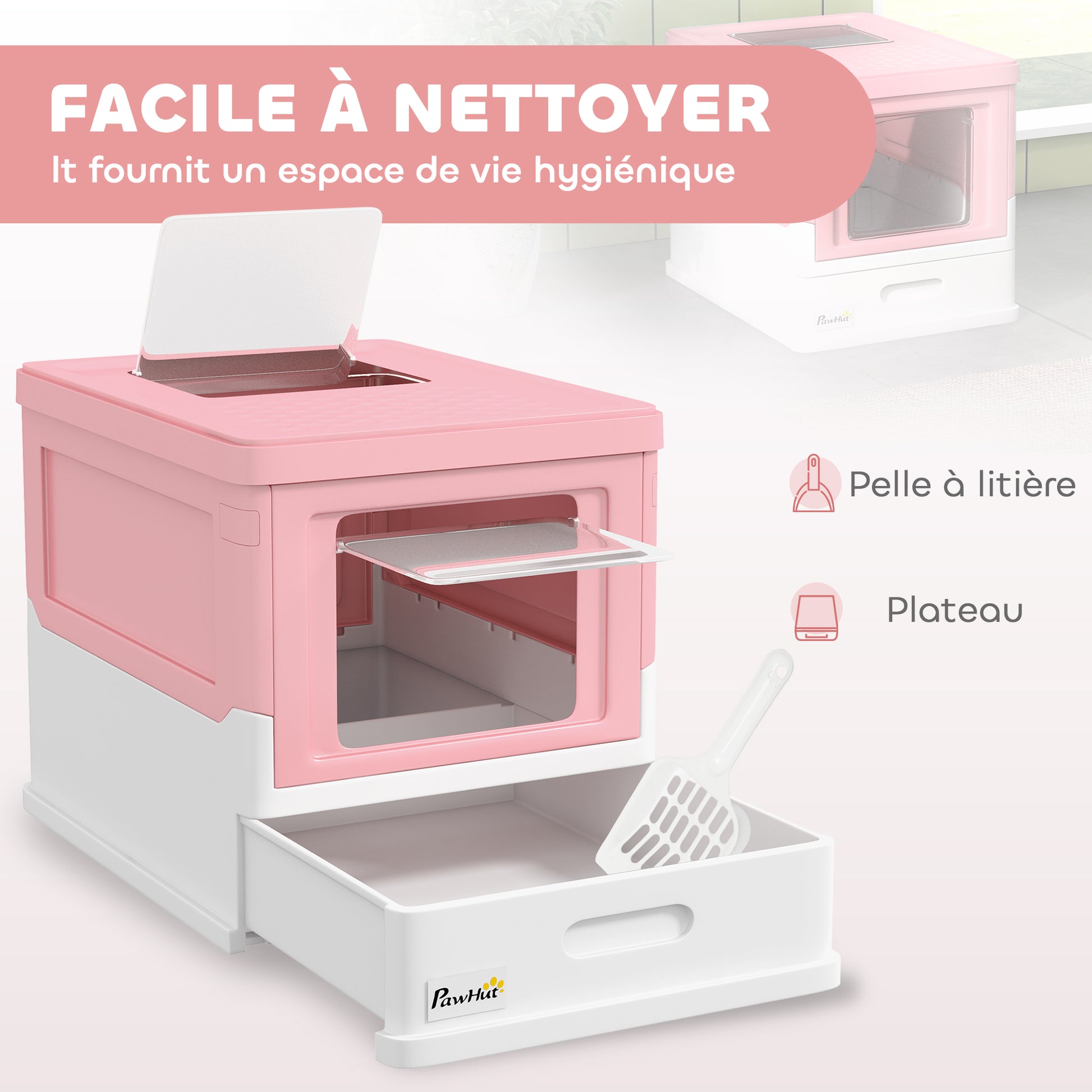Maison de toilette pour chat pliable double porte battante et supérieure pelle fourni 47,5 x 35,5 x 36,7 cm rose
