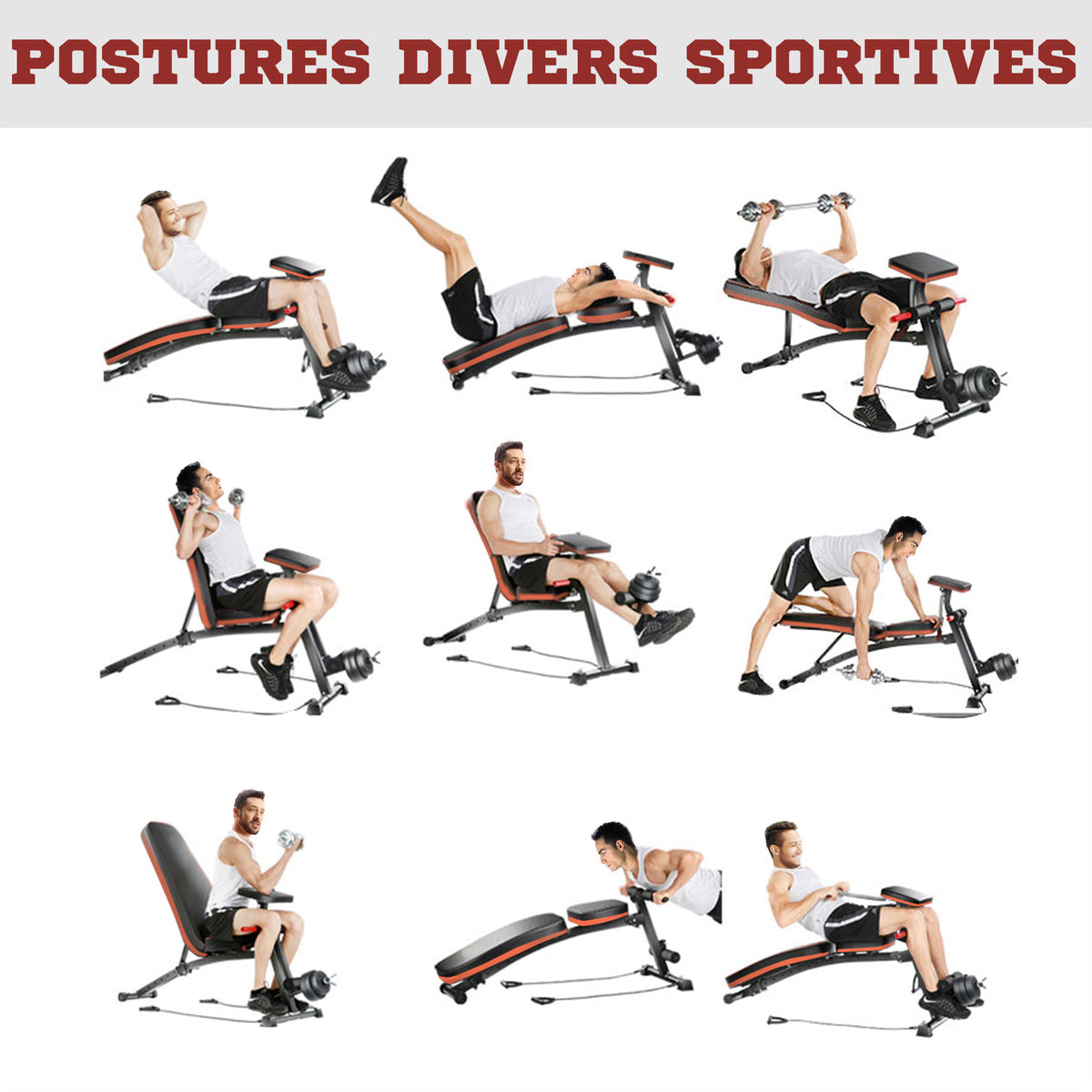 Banc de musculation pliable inclinable, banc réglable pour le développé couché, le curl biceps, la musculation du dos et des abdominaux, avec extenseur des jambes, acier, noir rouge