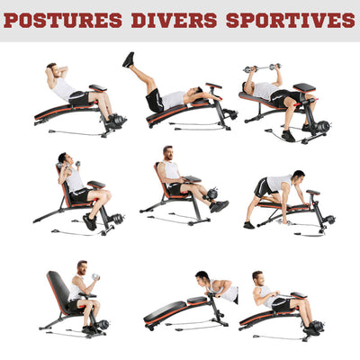 Banc de musculation pliable inclinable, banc réglable pour le développé couché, le curl biceps, la musculation du dos et des abdominaux, avec extenseur des jambes, acier, noir rouge