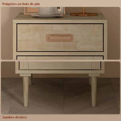 Lot de 2 tables de chevet avec placard et étagère porte rotin tissé 1 tiroir design bohème - 40 x 40 x 68,5 cm naturel