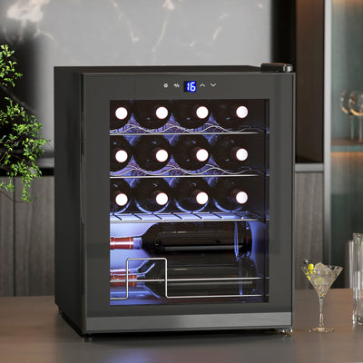 Cave à vin 16 bouteilles 42L, réfrigérateur à vin et boissons avec température réglable 5-18°C, porte en verre, noir
