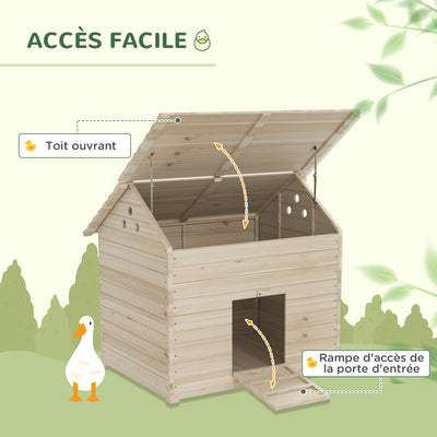 Abri pour canards maison pour canards avec toit ouvrant ventilation et porte-rampe 100 x 82,5 x 91 cm bois naturel