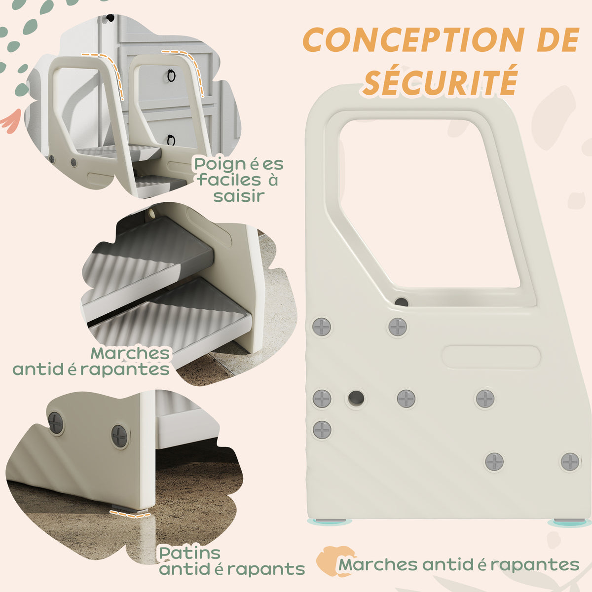 Marchepied enfant escabeau 3 marches pour enfants hauteurs réglables de 3 à 2 marches 43 x 42 x 65,5 cm gris