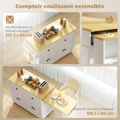 îlot central cuisine avec plateau extensible, desserte de cuisine sur roulettes avec 2 tiroirs, 4 portes, blanc