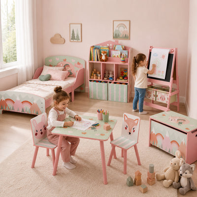 Meuble rangement enfant, bibliothèque enfants avec étagères ouvertes et 2 tiroirs en tissu, MDF, rose