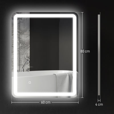 Miroir de salle de bain 60 x 80 cm, miroir LED mural avec 3 couleurs lumière, dimmable, mémoire, anti-buée, argent