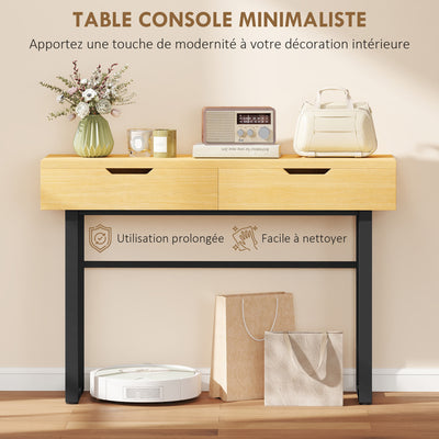 Console meuble 110 cm, table console étroite avec 2 tiroirs, cadre en métal et design sans poignées, bois naturel