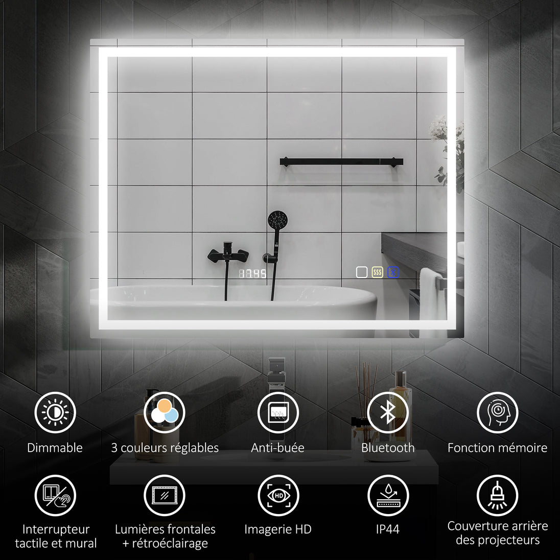 Miroir salle de bain LED bluetooth 80 x 100 cm interrupteur tactile lumière réglable 3 couleurs anti-buée mémoire argent Aosom