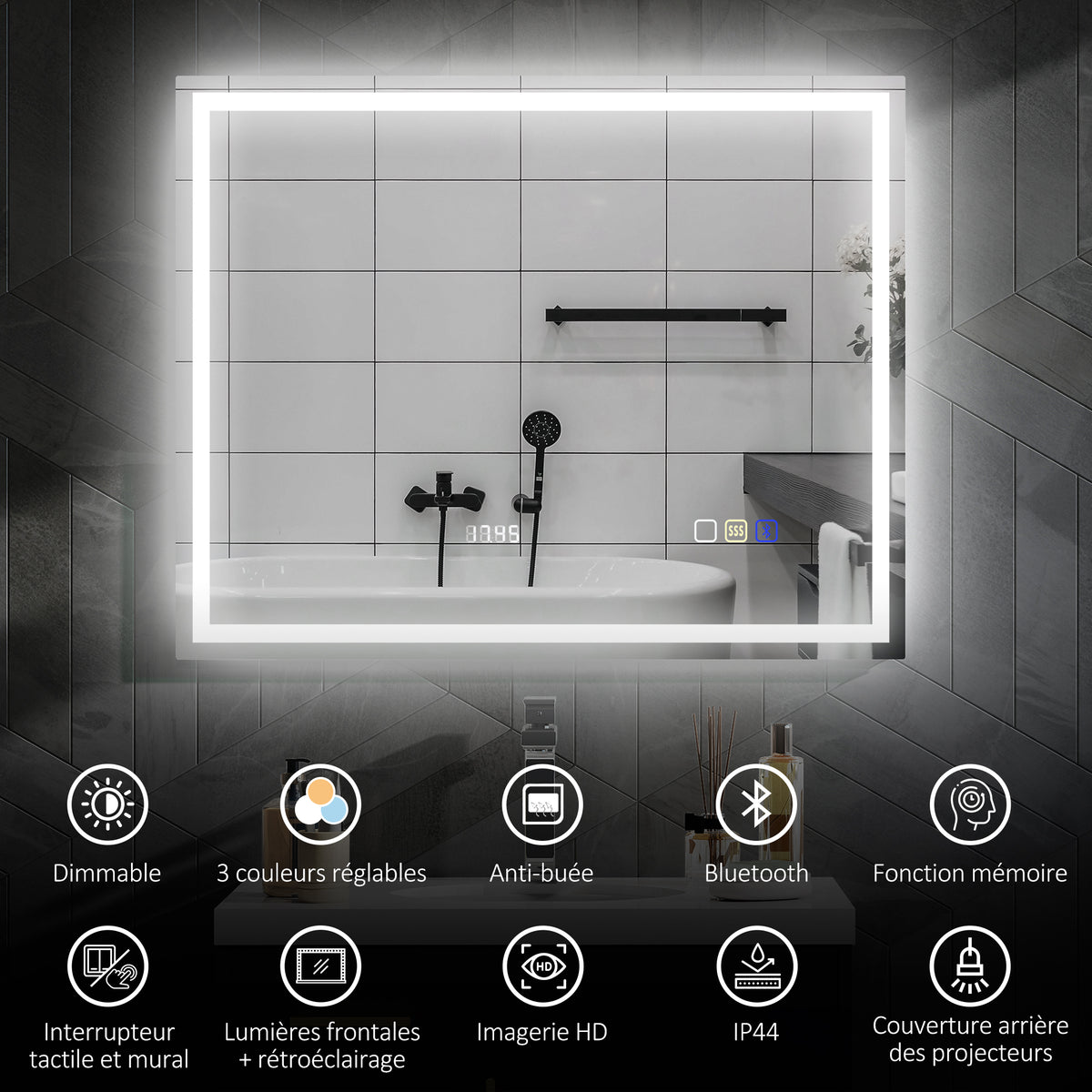 Miroir salle de bain LED bluetooth 80 x 100 cm interrupteur tactile lumière réglable 3 couleurs anti-buée mémoire argent Aosom