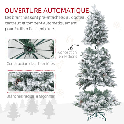 Sapin de Noël artificiel 180 cm Arbre de Noël avec support en métal 1489 branches enneigées, pommes de pin, vert