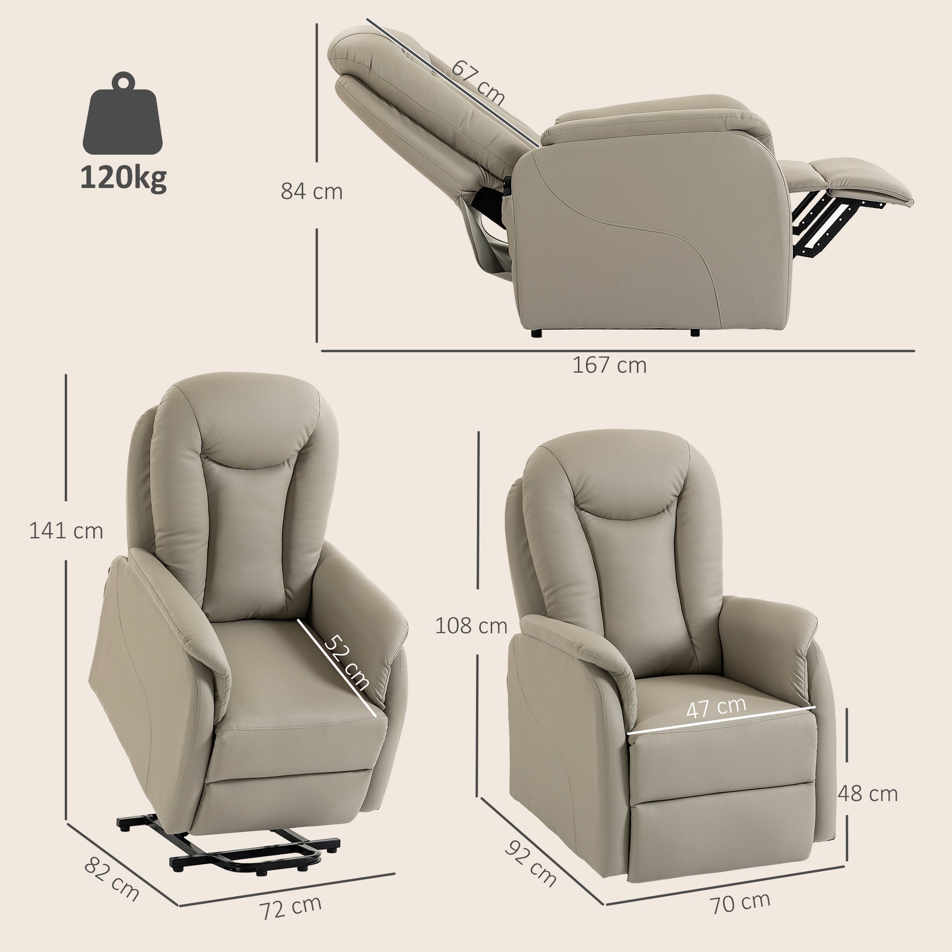 Fauteuil Releveur Électrique Massage Vibration et Chaleur, Fauteuil Relax Électrique en PU, Dossier Inclinable, Gris