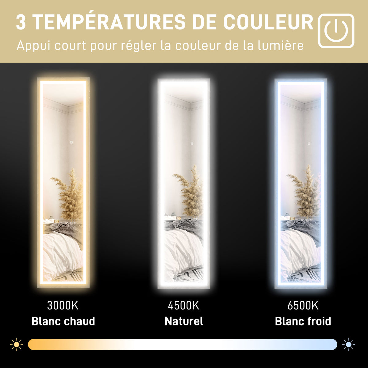 Grand miroir pleine longueur, miroir mural ou sur pied rectangulaire, 40 x 160 cm avec éclairage LED 3 couleurs, gris