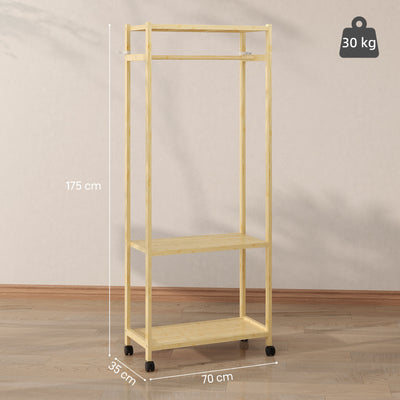 Portant à vêtements à roulettes, porte-manteau en bambou avec 2 étagères et tringle suspendue, 70x35x175cm, bois naturel