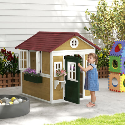 Cabane enfant extérieur maison enfant extérieure avec porte fenêtres et jardinières 114 x 126,4 x 135 cm beige